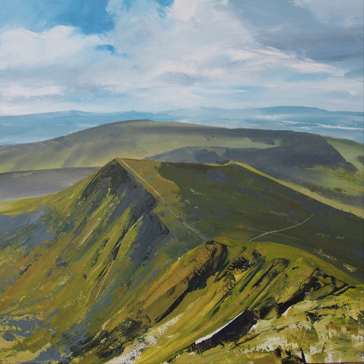 An oil painting of a dramatic mountain landscape, featuring a prominent green and yellow-green ridgeline under a cloudy blue sky.