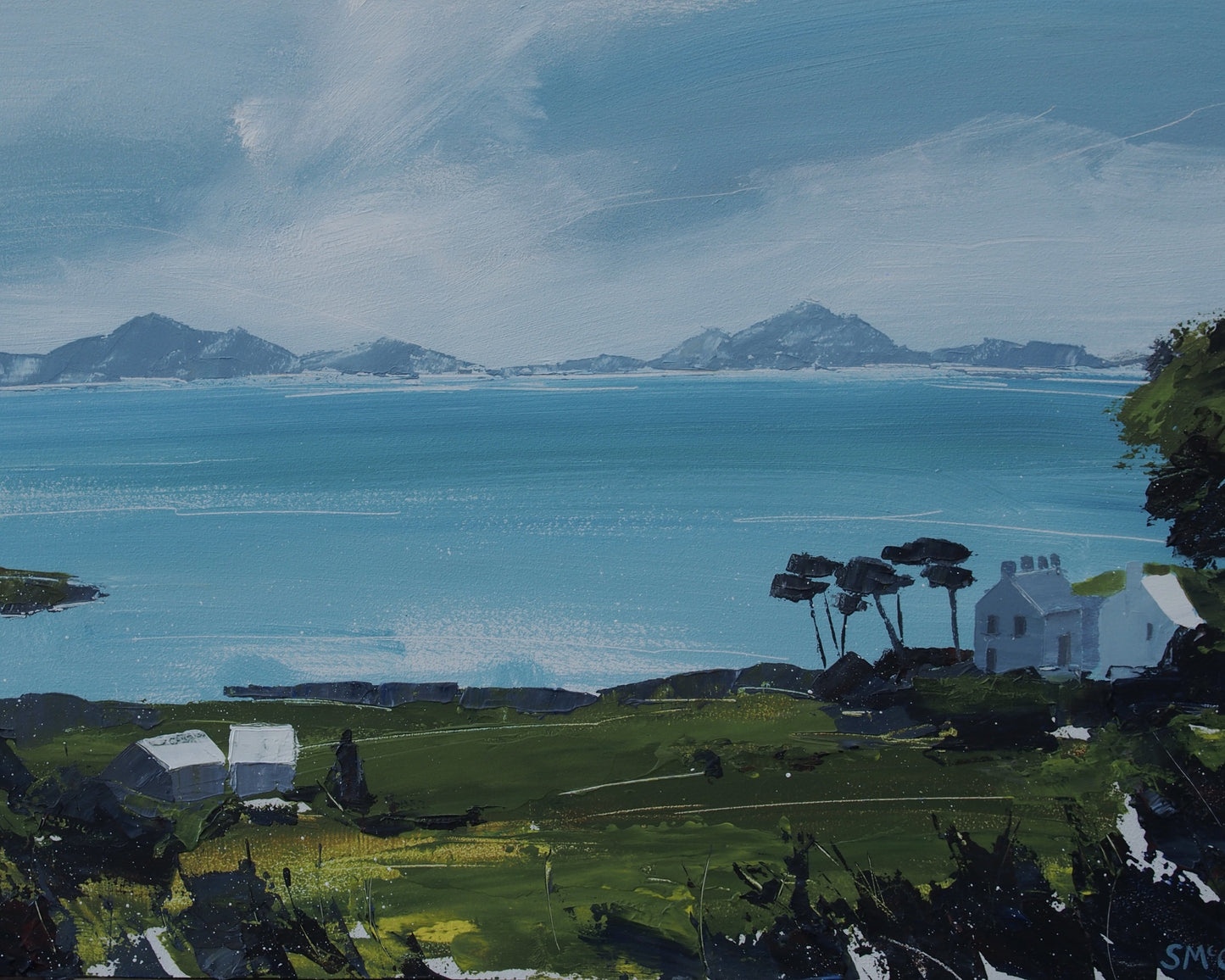 Landscape painting of a coastal scene with a large blue bay or sea in the center, distant mountains on the horizon, green fields in the foreground, a few white buildings, and dark trees along the right edge.