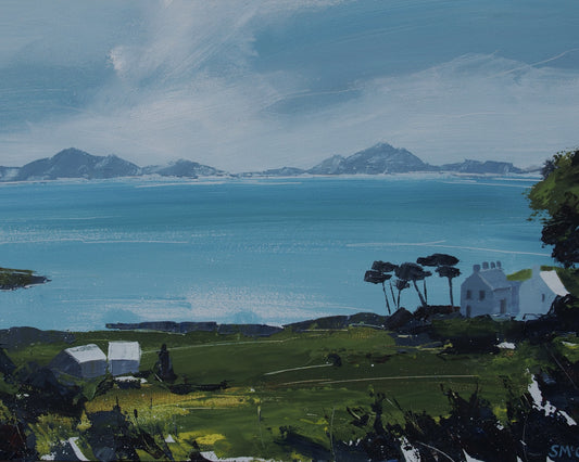 Landscape painting of a coastal scene with a large blue bay or sea in the center, distant mountains on the horizon, green fields in the foreground, a few white buildings, and dark trees along the right edge.