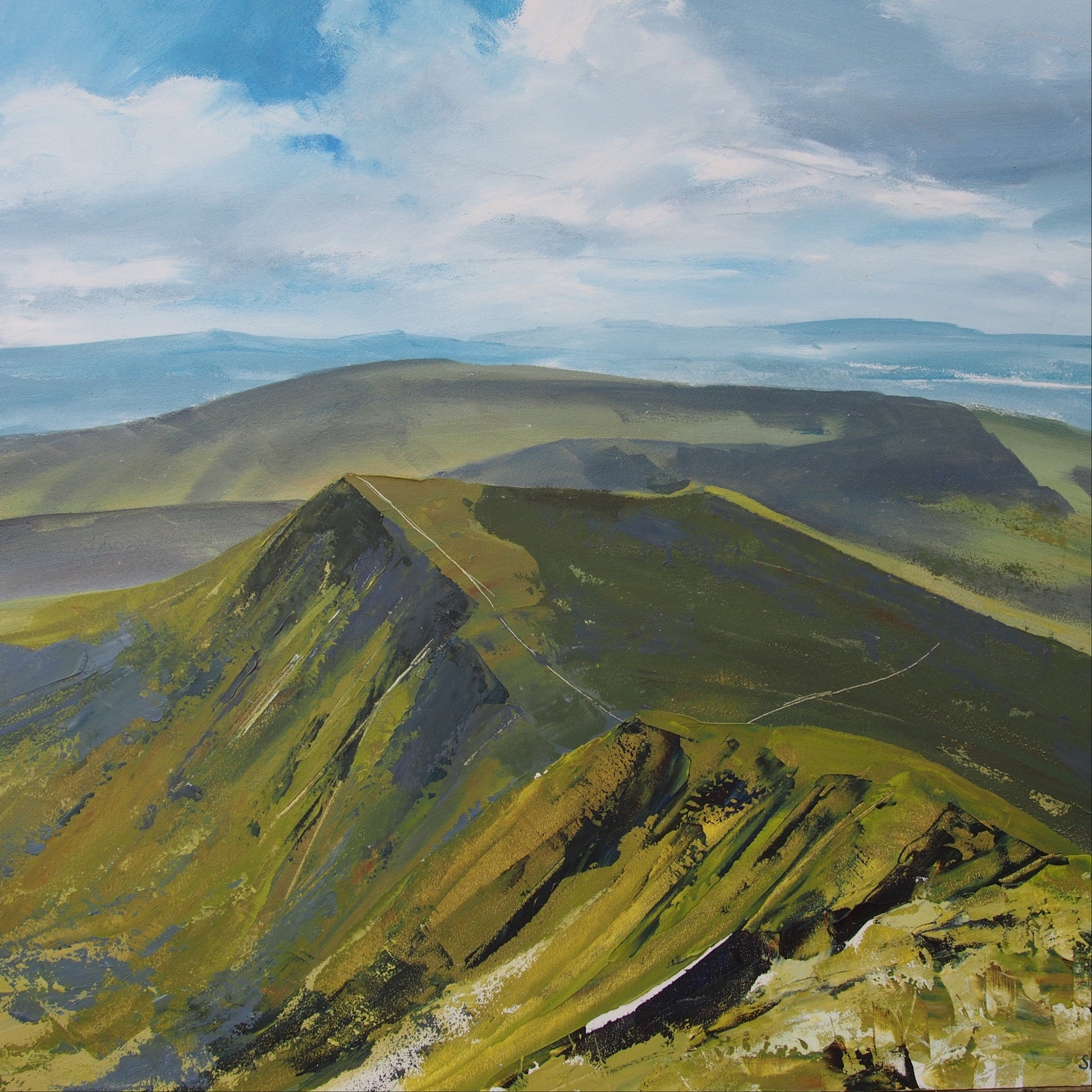 An oil painting of a dramatic mountain landscape, featuring a prominent green and yellow-green ridgeline under a cloudy blue sky.