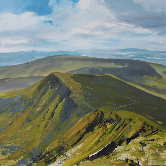 An oil painting of a dramatic mountain landscape, featuring a prominent green and yellow-green ridgeline under a cloudy blue sky.