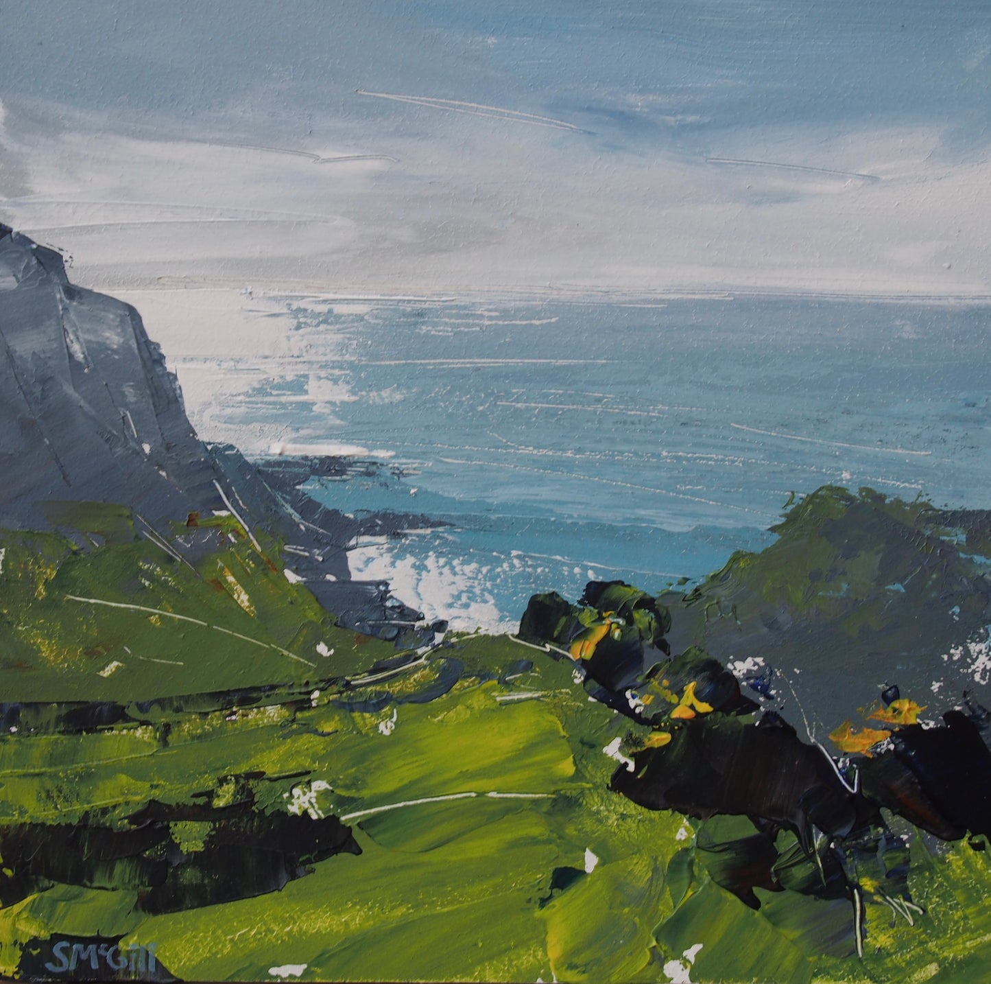 An impressionistic landscape painting of a coastal scene with bright green hills in the foreground, dark rocky cliffs, a blue ocean, and a pale sky. The artist's signature 'SPYD' is visible in the bottom-left corner.