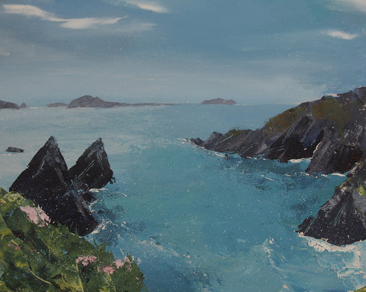 An oil painting of a coastal landscape featuring deep blue and turquoise ocean water, dark jagged rock formations, distant islands, and a cloudy blue sky.