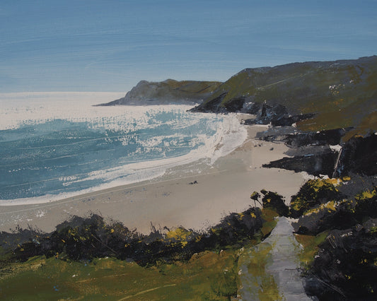 An impressionistic landscape painting of a coastal beach with blue ocean waves, pale sand, dark rocky cliffs, green and brown hills, and a pathway in the foreground.