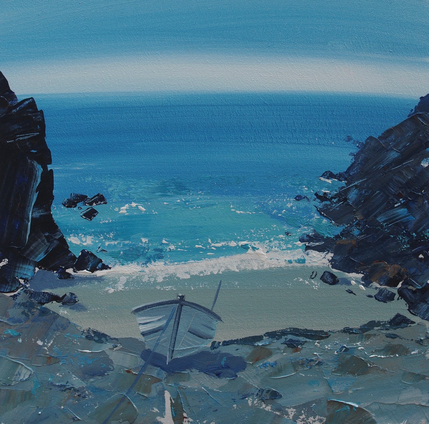 An impressionistic painting of a rocky coastal inlet with deep blue ocean water, a pale sandy beach, dark cliffs, and a small sailboat near the foreground.