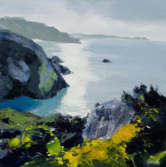 Impressionistic coastal landscape painting featuring dark rocky cliffs, a bright blue inlet, pale blue-gray ocean, distant landforms, and vivid yellow-green foliage in the foreground. Signed 'S.