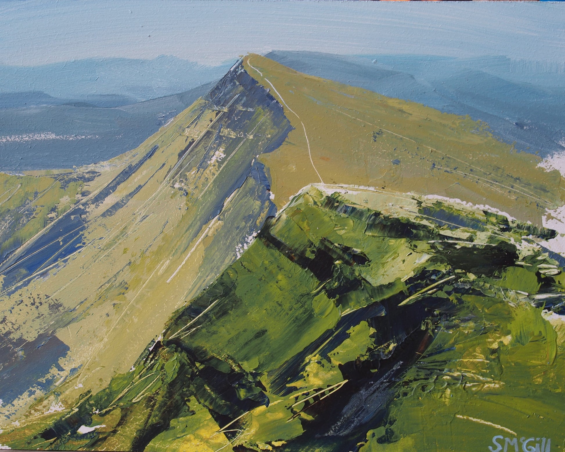 An impressionistic landscape painting of a mountain peak, featuring textured brushstrokes in green, yellow, blue, and gray tones, with a signature in the bottom right corner.