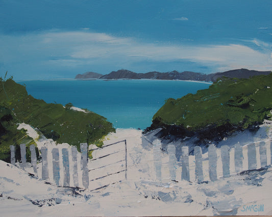 An impressionistic landscape painting of a coastal scene, featuring a white picket fence in the foreground, green grassy hills, a bright blue ocean, and distant dark mountains under a blue sky.
