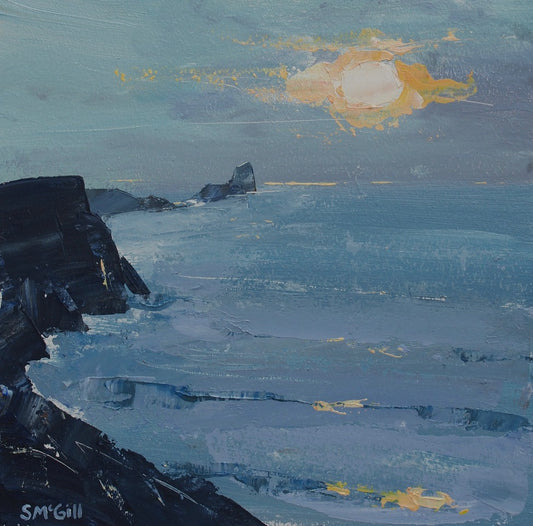 An impressionistic coastal landscape painting featuring dark rocky cliffs on the left, a blue-gray sea, and a glowing sun in a pale sky. Signed 'SM'Gill' in the lower-left corner.
