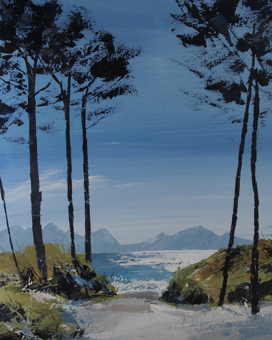 A landscape painting depicting a path leading through tall dark pine trees toward a distant mountain range and icy sea under a blue sky.