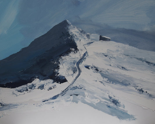 A painted mountain landscape with a snow-covered peak, a winding path, and a small structure near the summit, rendered in cool blue-gray and white tones.